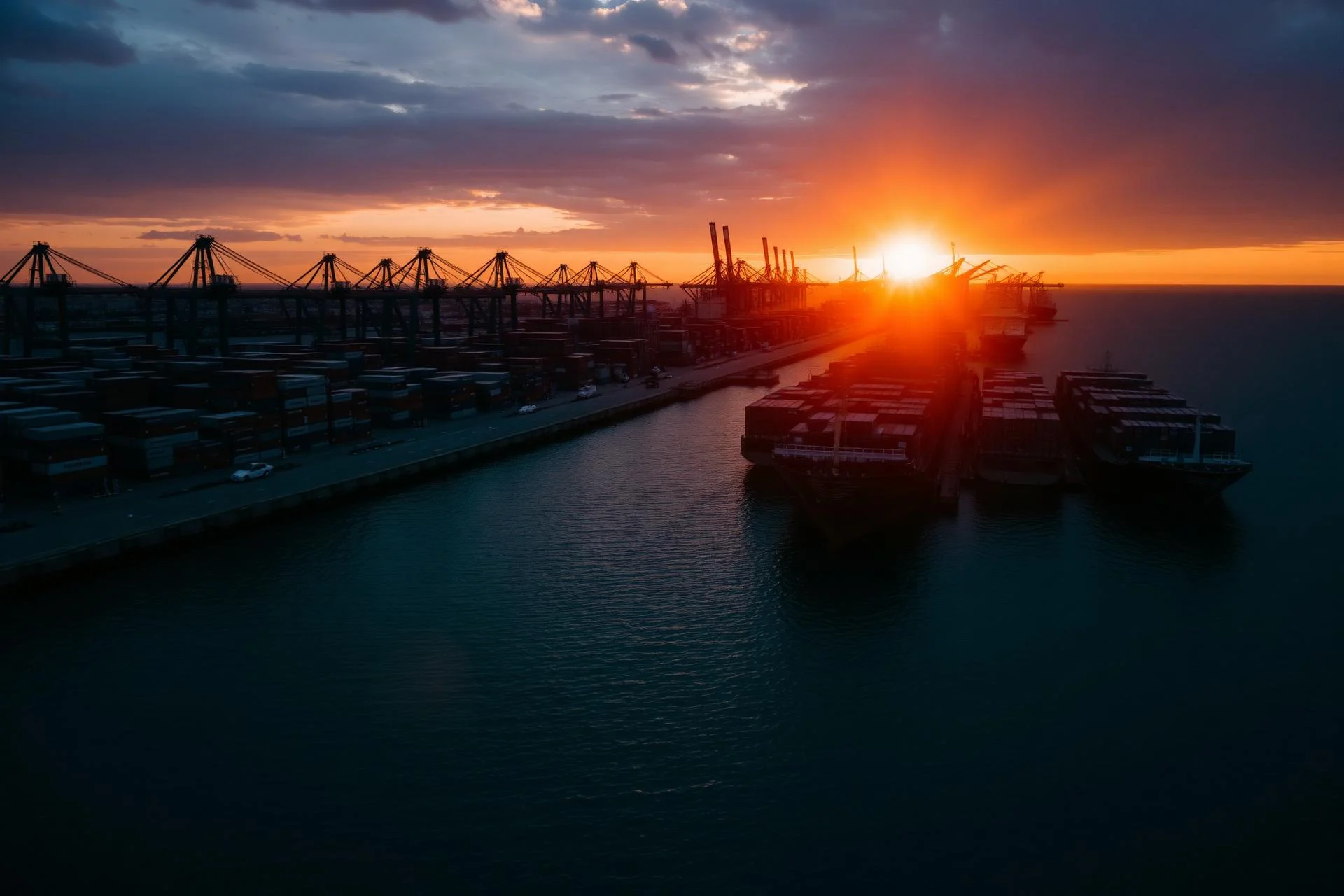 Container port at sunset