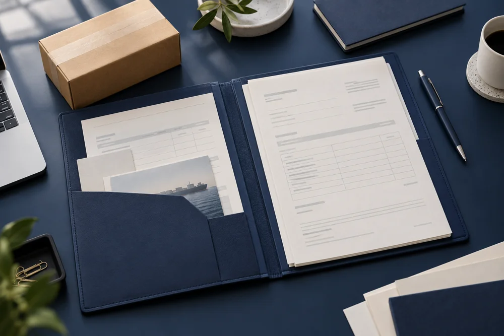 Illustrative folder and import paperwork for documentation review