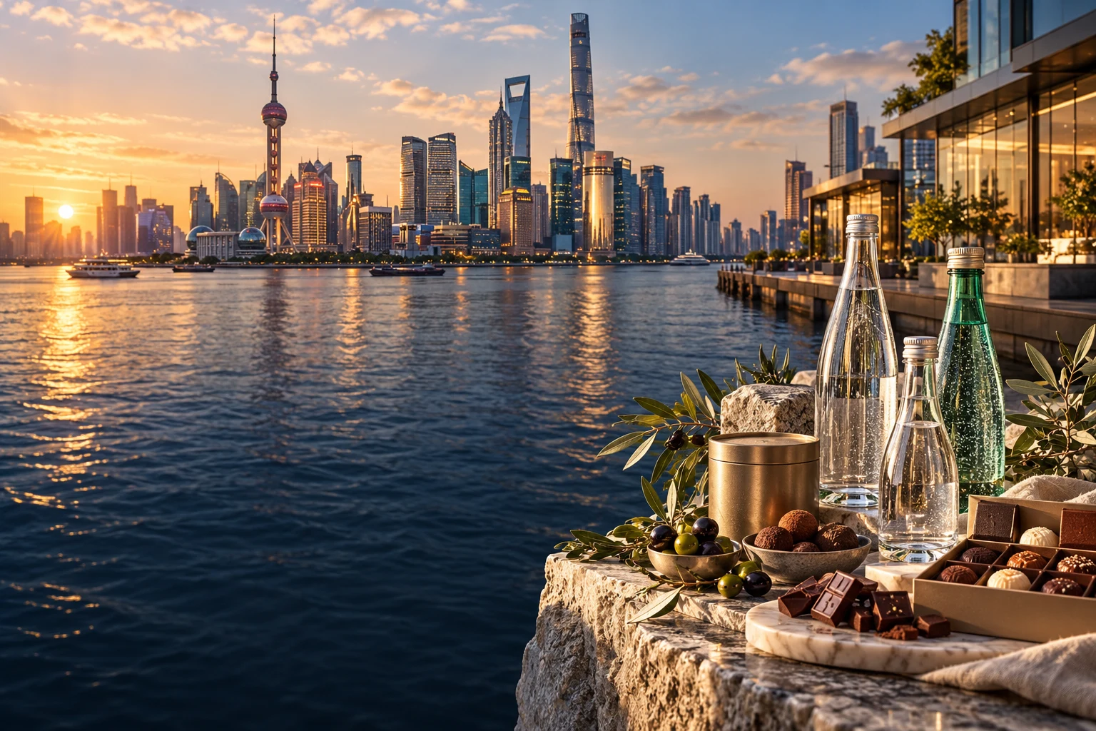 Illustrative Shanghai waterfront with mineral water and chocolate products